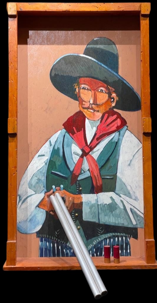 "Billy At The Window" Original Artwork By Thom Ross: Offered here for your consideration is "Billy At The Window" an original artwork by Thom Ross. This piece portrays Billy The Kid in a wide-brim hat and red neckerchief, holding a painted woode