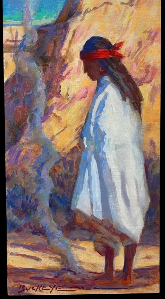 Original Painting 'Sacred Smoke' By Buckeye Blake: Offered here for your consideration is an original painting titled 'Sacred Smoke' By Buckeye Blake. This piece shows a Native figure wearing a head scarf observing a fire pit with smoke rising