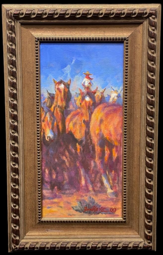The Spanish Horses Oil Painting By Buckeye Blake: Offered here for your consideration is "The Spanish Horses" an oil painting by Buckeye Blake. This piece depicts a classic western scene with a vibrant blue sky above. Below a cowboy skillfull