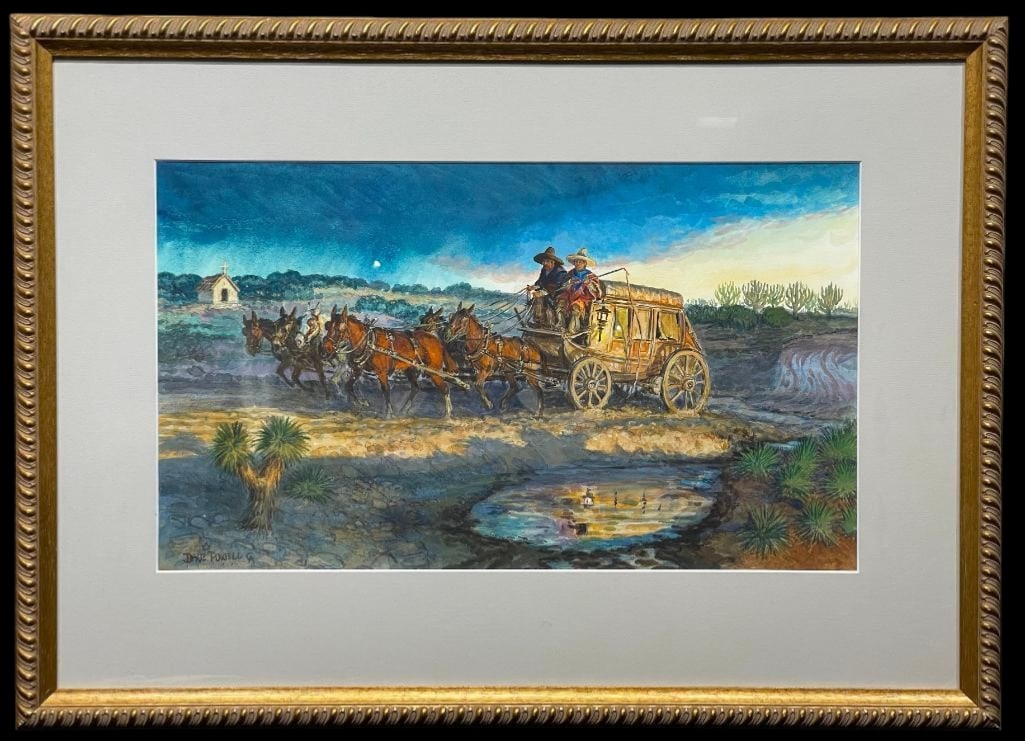 Evening Coach Original Watercolor By Dave Powell: Offered here for your consideration is "Evening Coach" an original watercolor by Dave Powell. This lively Western scene depicts the grit and movement of frontier travel. A team of mules pulls