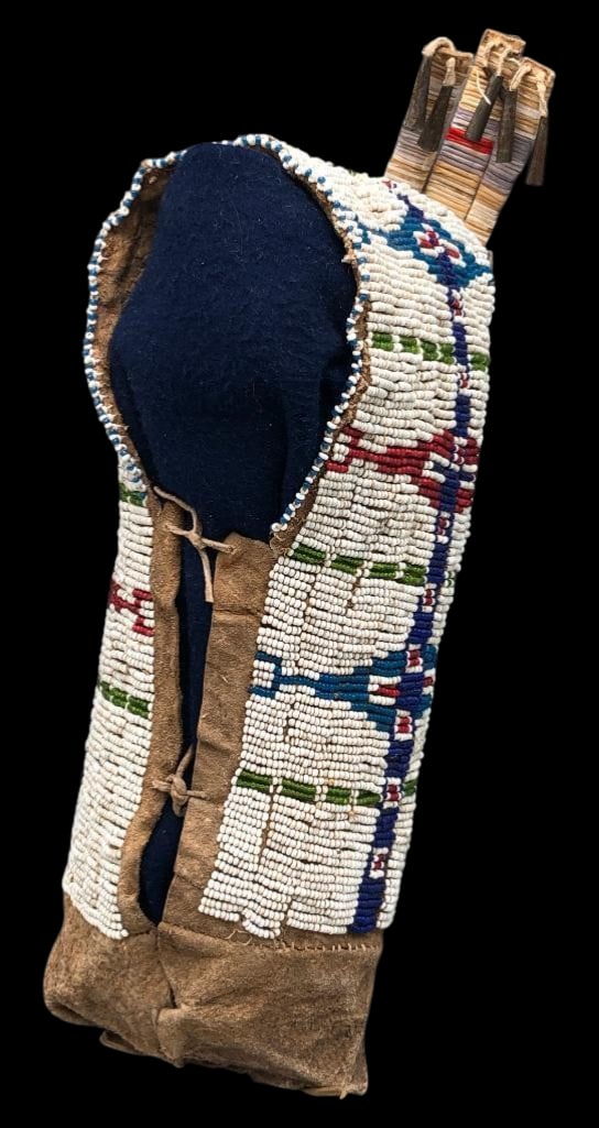 Antique Doll Size Beaded Plains Cradle Board: Offered here for your consideration is a great antique doll size Plains beaded cradle board. This piece features fine seed beads in geometric designs done in colors of blue, green, red and others. The