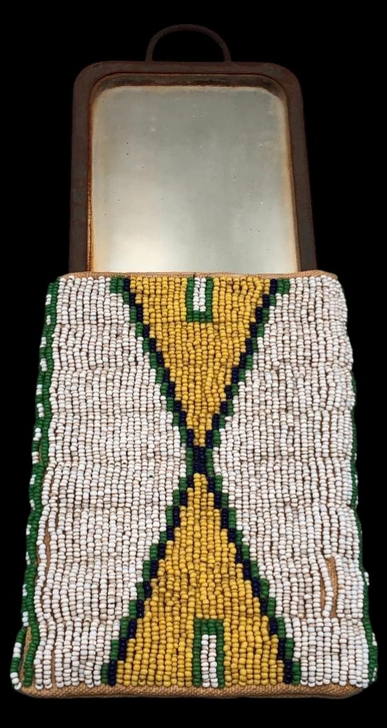 Circa 1900 Plains Beaded Mirror Case With Southern Pacific Railroad Mirror: Available here for your consideration is a circa 1900 Plains beaded mirror case and it comes with an old Southern Pacific Railroad mirror. The case showcases seed bead work done in colors of yellow, g