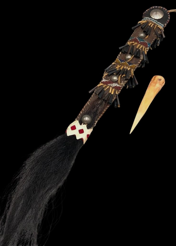 Antique Apache Awl Case From A Buffalo's Tail With Bead Work - Circa Late 1800s: Available here for your consideration is a wonderful antique Apache awl case from a buffalo's tail, accented with bead work - from circa the late 1800s. This piece features seed beads in colors of