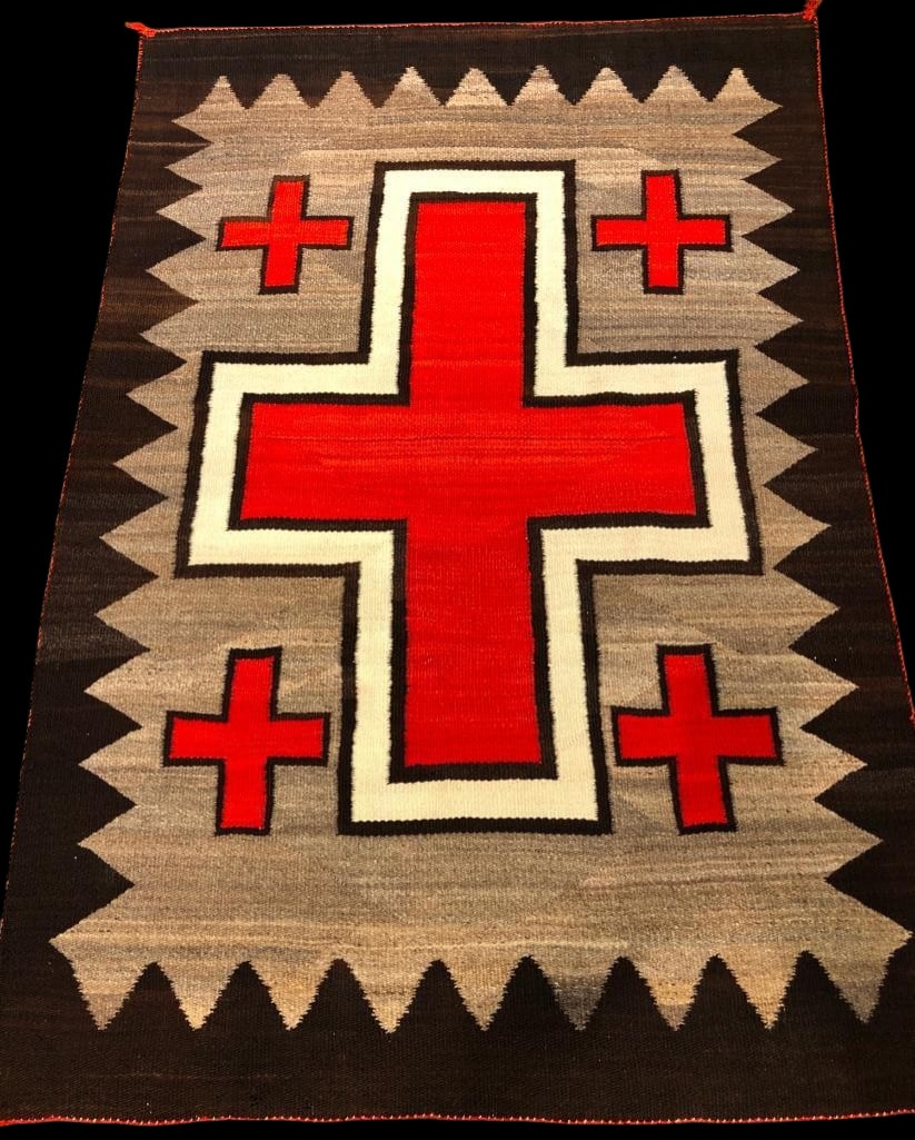 Antique Hubble Cross Design Navajo Rug 1930s-1940s: Available here for your consideration is antique "Hubble Cross" design Navajo rug from circa 1930s-1940s. This textile is highlighted with a large red cross design and four smaller crosses. Th