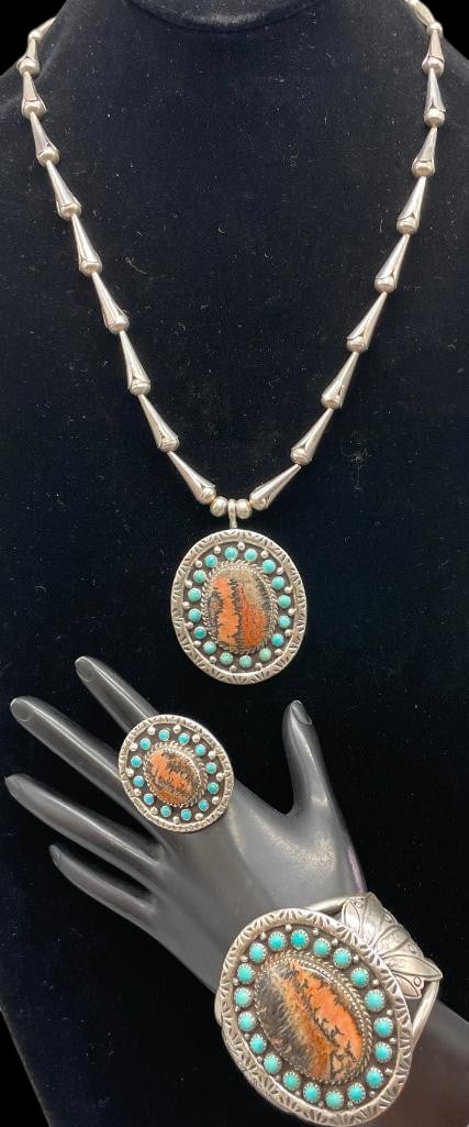 Sterling Silver, Turquoise And Picture Jasper Bracelet, Ring And Necklace Set: Presented here for your bidding pleasure are a sterling silver, turquoise and picture jasper bracelet, ring and necklace set. All three pieces share a similar design centered around a picture jasper c