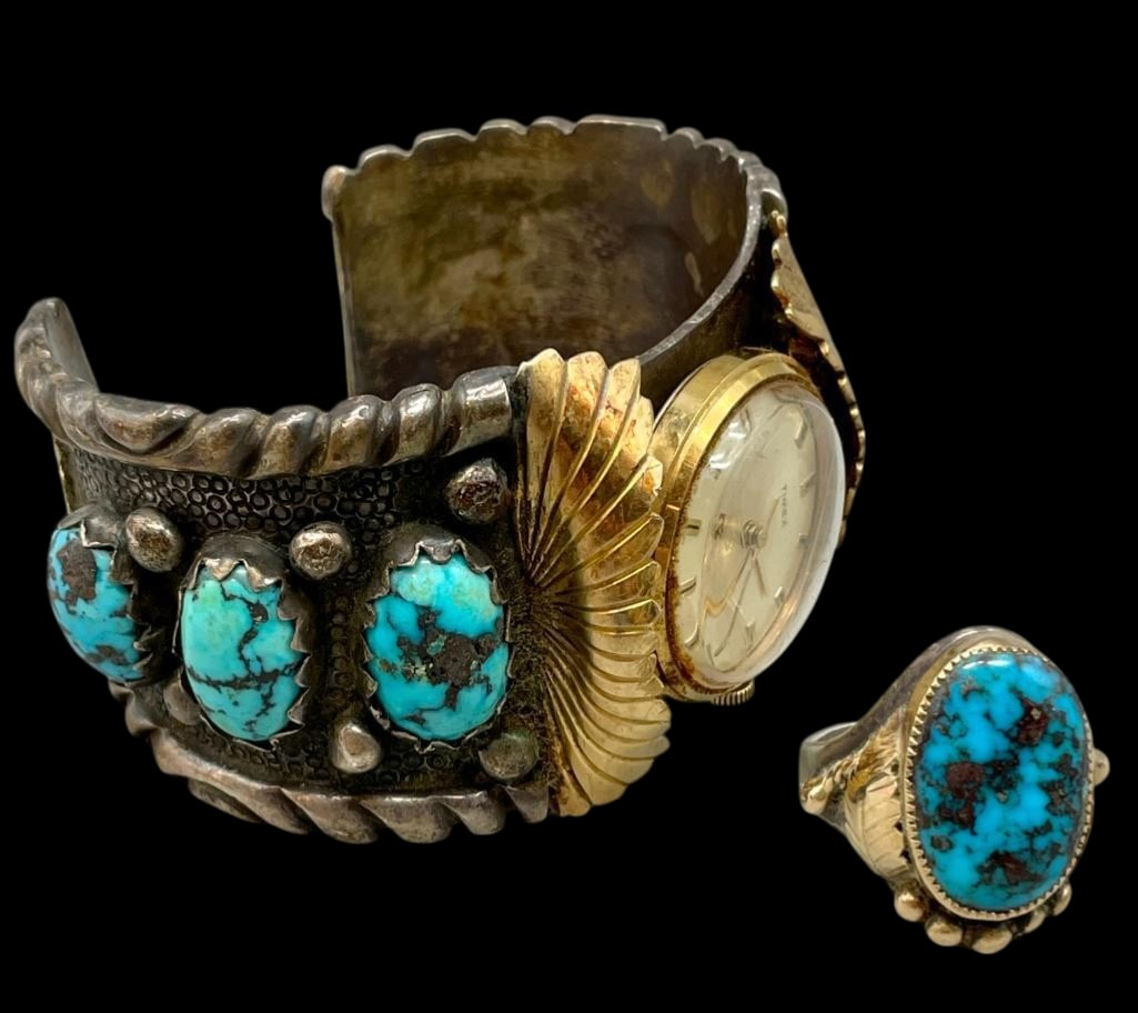 Sterling Silver, Turquoise And Gold Watch Cuff With Ring: For your bidding enjoyment we present a sterling silver, turquoise and gold watch cuff with ring. The bracelet showcases six turquoise cabochons set in large sawtooth sterling silver bezels. The stone
