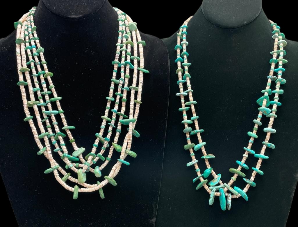 Three Turquoise And Heishi Strand Necklace With Pueblo Wrap: Offered here for your consideration are three turquoise and Heishi strand necklace with pueblo wrap. Each piece features two or three strands of turquoise nugget beads highlighted with white and brown