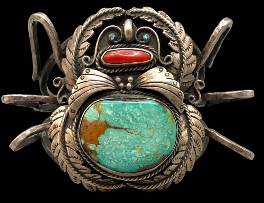 Hefty Sterling Silver, Turquoise And Coral Bug Themed Bracelet: Offered here for your consideration is a hefty sterling silver, turquoise and coral bug themed bracelet. This piece showcases a bug design with turquoise and coral cabochons set in smooth silver bezel