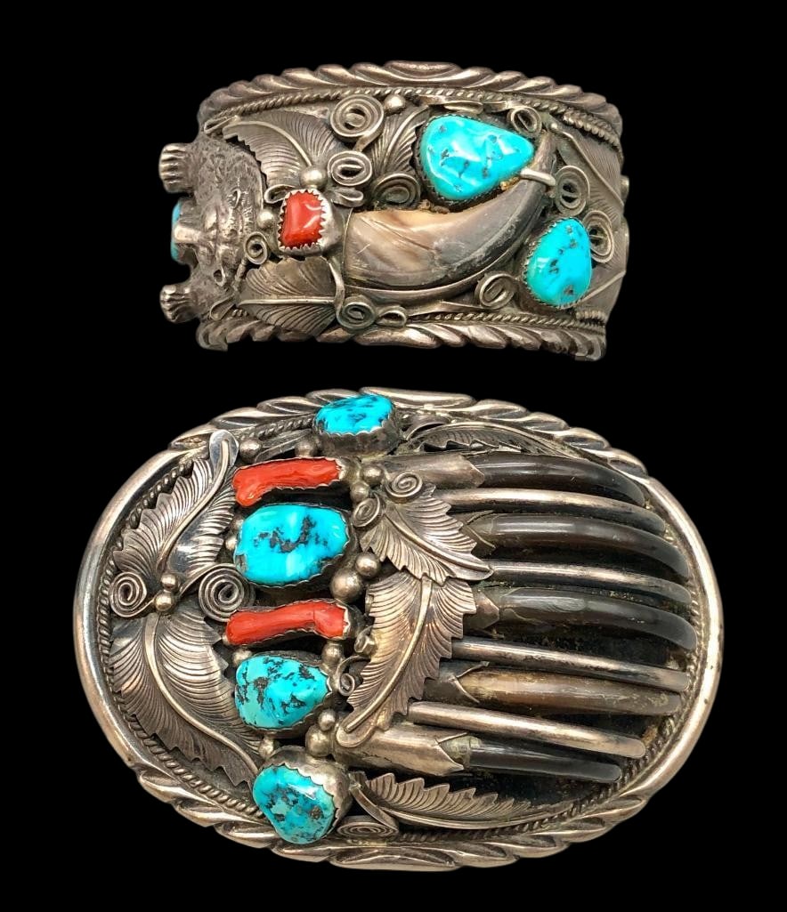 Vintage Sterling Silver, Turquoise, Coral And Claw Buckle With Bracelet: Offered here for your consideration is a vintage sterling silver, turquoise, coral and claw buckle with bracelet. Each piece features nugget turquoise and coral cabochons set in sawtooth silver bezels