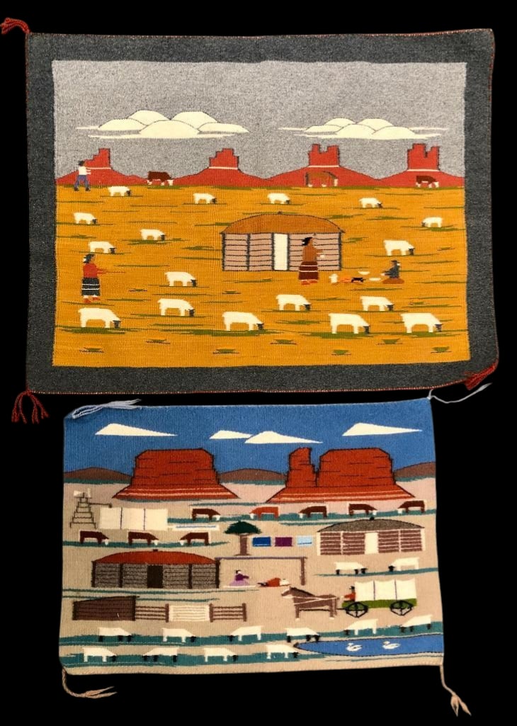 Two Navajo Pictorial Textiles: Offered here for your consideration is a group of two Navajo pictorial textiles. One features a scene with sheep and a sheep herder, horses, a hogan, three Navajo women, a camp fire, and a Monument Va