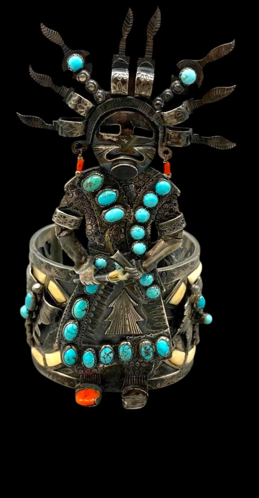 PHENOMENAL Vintage Sterling Silver Butterfly Maiden Themed Kachina Bracelet: Offered here for your consideration is a PHENOMENAL vintage sterling silver Butterfly Maiden Kachina themed bracelet. This large bracelet features a highly detailed sterling silver Kachina figure high