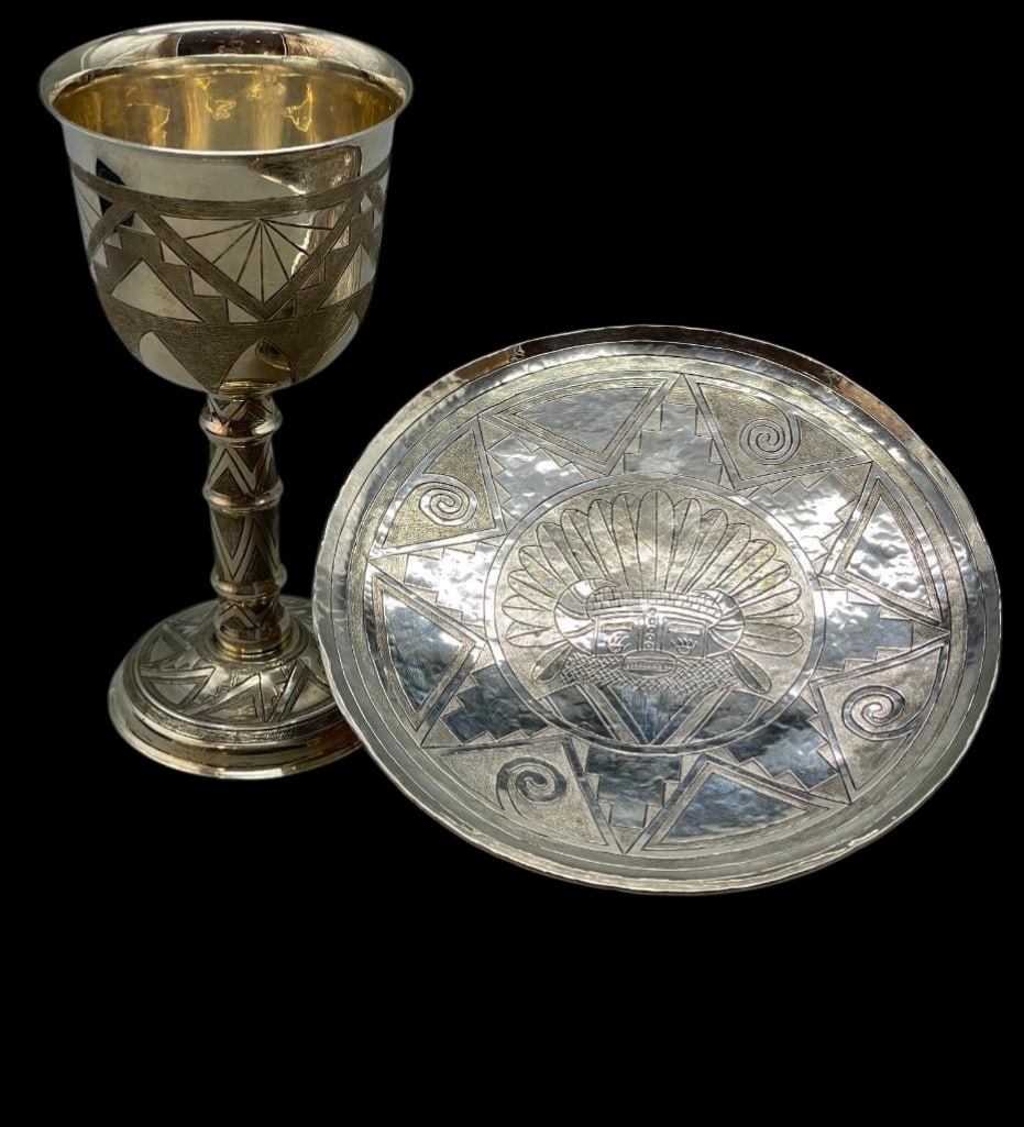 White Buffalo Highly Detailed Sterling Silver Goblet And Saucer: Offered here for your consideration is a White Buffalo highly detailed sterling silver goblet and saucer. Both pieces feature stamped, engraved and textured geometric designs. The saucer is further hi