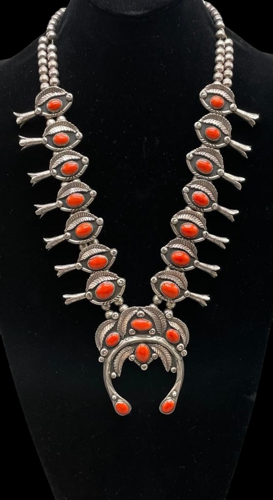 Phenomenal Sterling Silver & Coral Squash Blossom Necklace With 4 Petals-Helen & Jimmy Long: Offered here for your consideration is a phenomenal sterling and coral squash blossom necklace with handmade beads and four petal blossoms attributed to Helen and Jimmy Long. This necklace features a