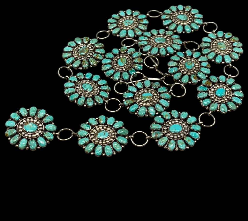 Sterling Silver And Turquoise Cluster Link Concho Belt - JJP: Offered here for your consideration is a sterling silver and turquoise cluster link concho belt - JJP. This piece features 12 conchos and a buckle each highlighted with turquoise cabochons all set in