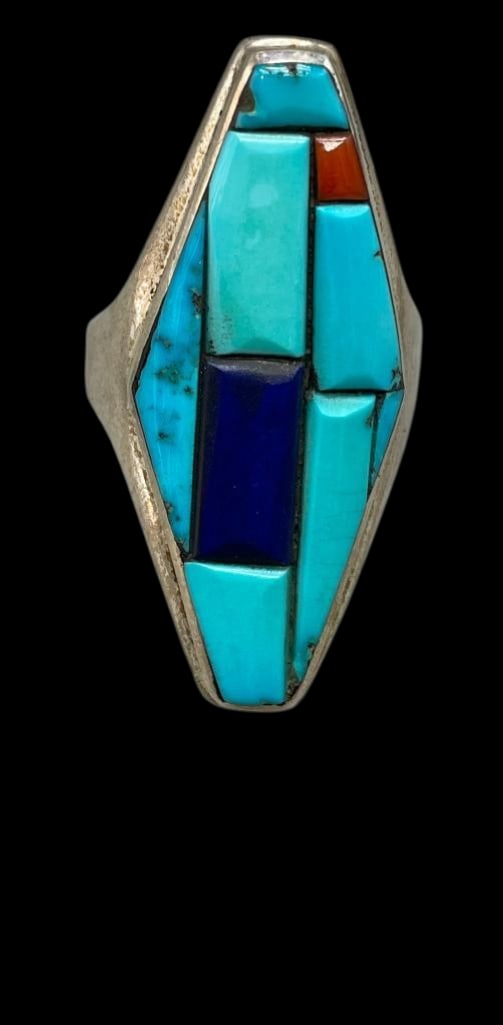 Ben Nighthorse Sterling Silver And Cobblestone Turquoise Inlay Ring: Offered here for your consideration is a Ben Nighthorse sterling silver and cobblestone turquoise inlay ring. This ring features a great cobblestone design created with turquoise, lapis and coral set