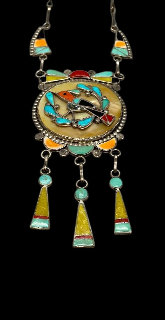Theodore Edaakie Multi Stone Bird Theme Inlay Necklace Circa 1950s-1960s: Offered here for your consideration is a Theodore Edaakie multi stone bird theme inlay necklace circa 1950s-1960s. This piece features a multi stone inlay bird design of turquoise, spiny oyster, coral