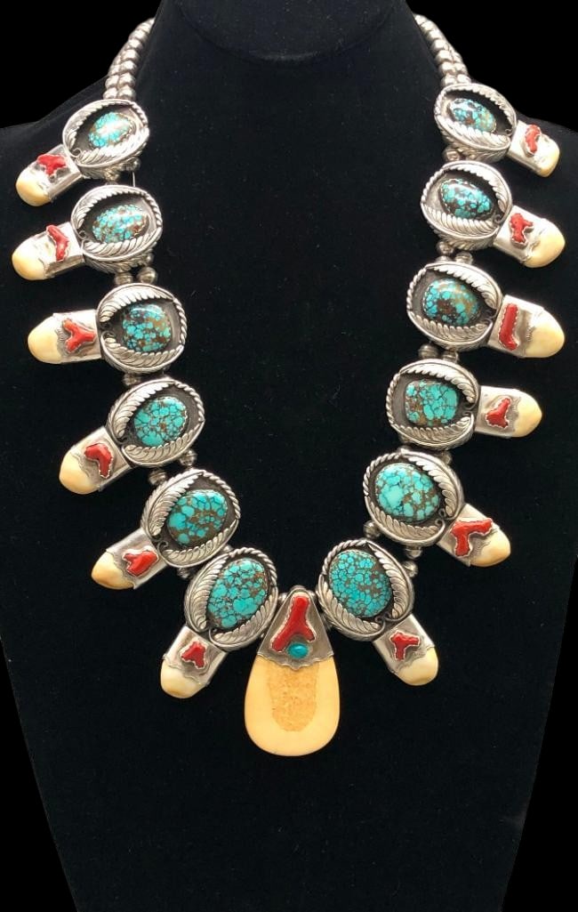 Phenomenal Vintage High Grade Turquoise, Coral & Sterling Silver Necklace With Elk & Mastodon Ivory: Offered here for your consideration is a phenomenal vintage high grade turquoise, coral & sterling silver necklace with elk & mastodon ivory. This piece features a center pendant highlighted w