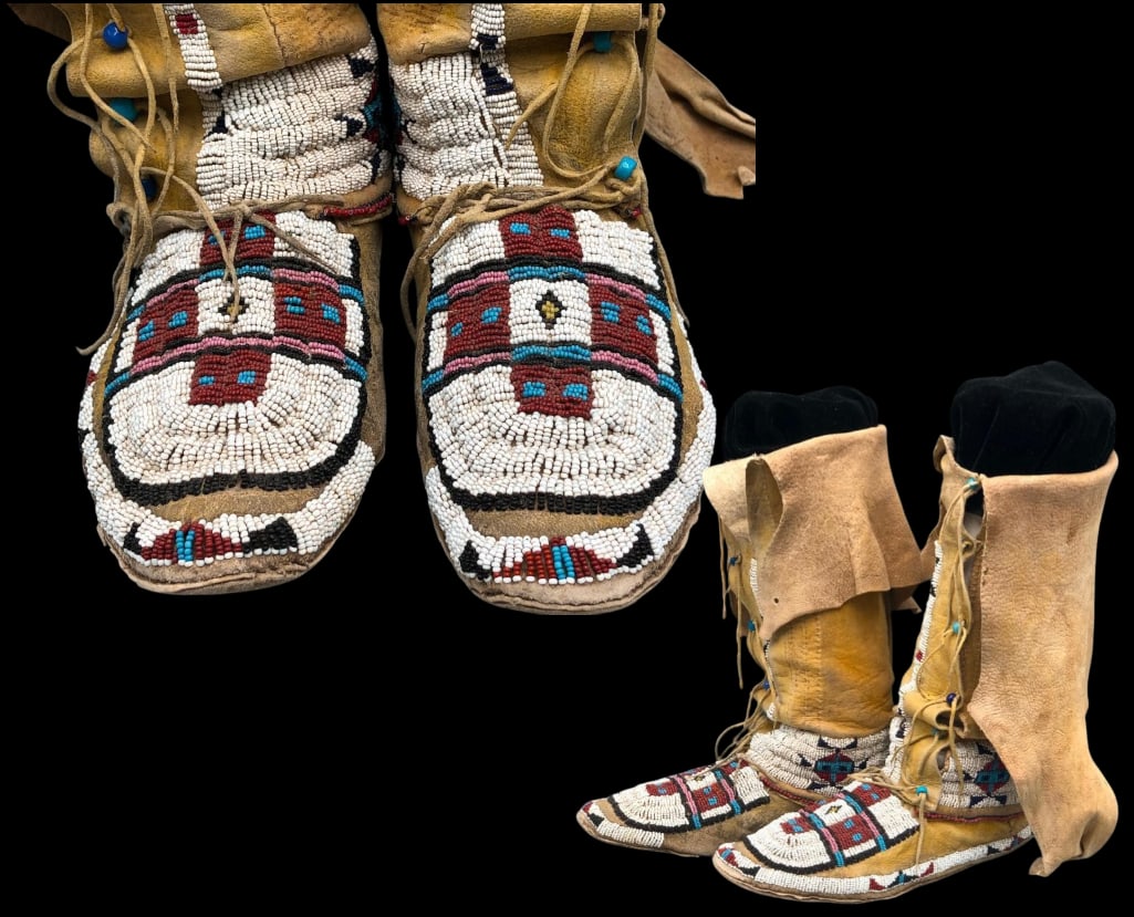 Plains Beaded Hightop Moccasins Circa Early 1900s: Offered here for your consideration is a nice pair of Plains beaded hightop moccasins from circa early 1900s which feature geometric beadwork done in colors of white, red, blue, and black. The beads a