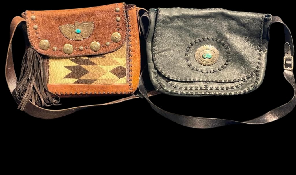 One Navajo Textile Bag And One Leather Bag With Navajo Silver: Offered here for your consideration is a Navajo textile bag and one with Navajo silver. Both feature a circular or eagle shaped silver conchos highlighted with a turquoise cabochon set in a smooth sil