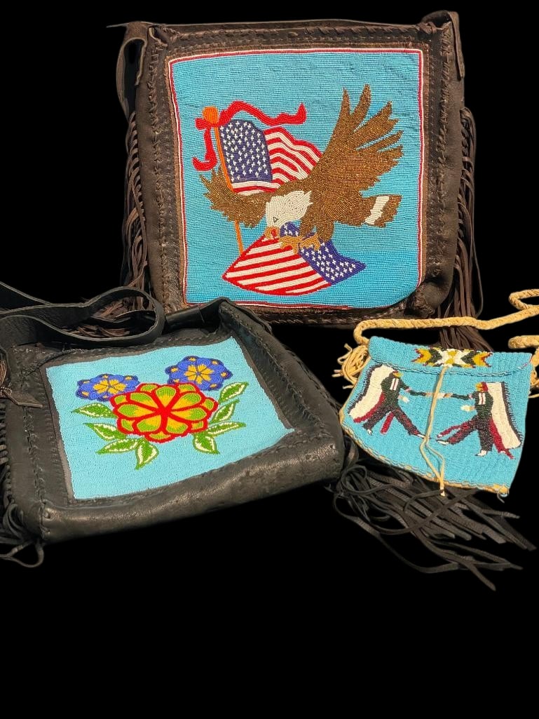 Three Nice Contemporary Beaded Bags: Offered here for your consideration are three nice contemporary beaded bags which feature colorful beadwork designs including one depicting a bald eagle with an American flag. One bag is highlighted w