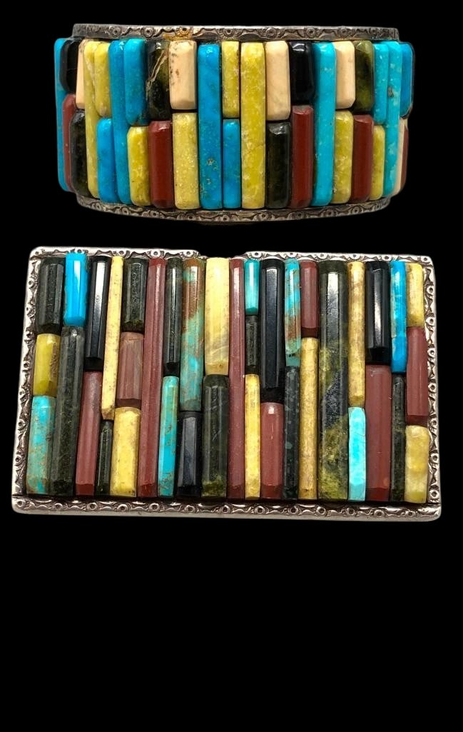 Vintage Multi Stone Cobblestone Inlay And Sterling Silver Bracelet And Buckle: Offered here for your consideration is a vintage multi stone cobblestone inlay and sterling silver cuff and buckle. Each piece features a great cobble stone inlay of turquoise, pipestone, onyx, serpet