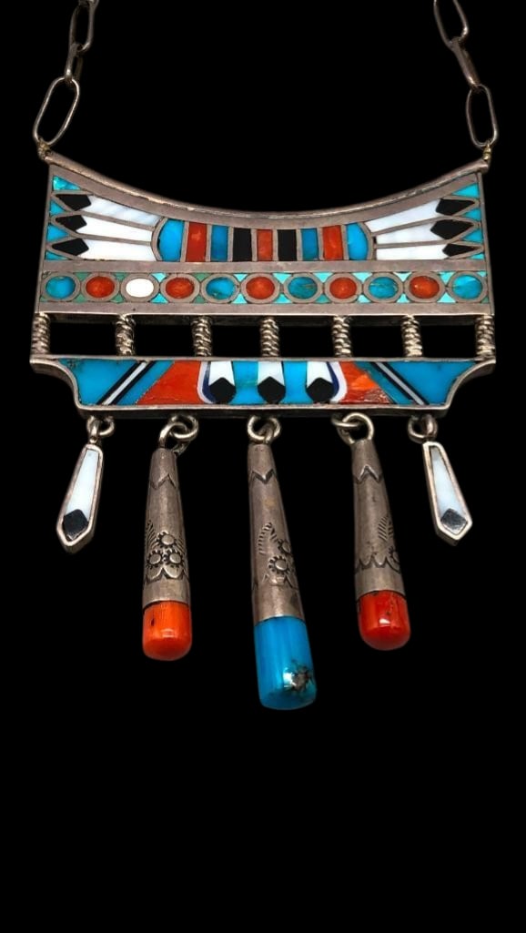 Vintage Carl And Irene Clark Multi Stone Inlay And Sterling Silver Necklace: Offered here for your consideration is a vintage Carl and Irene Clark multi stone inlay and sterling silver necklace. This piece by multiple award winning artists features a large pendant showcasing a