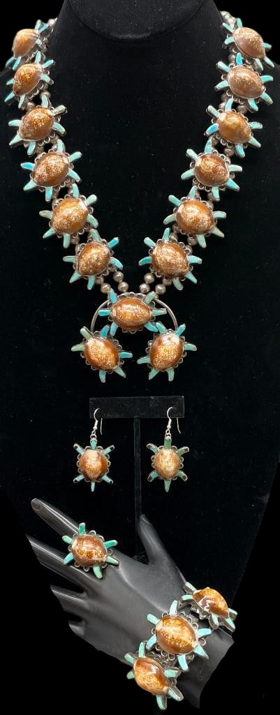 Zuni Turtle Themed Squash Blossom Necklace Set: Offered here for your consideration is a Zuni turtle themed squash blossom necklace set. This piece features a two wire naja highlighted with three turtle motifs created with a shell center and turquo