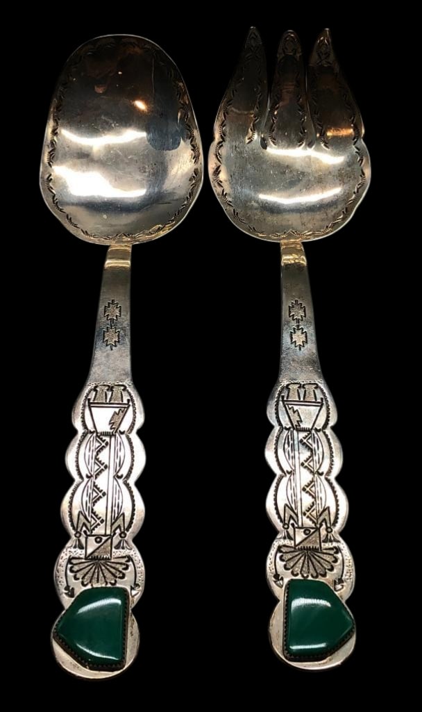 Sterling Silver And Green Turquoise Serving Set By Don Platero: Offered here for your consideration is a sterling silver and green turquoise serving set by Don Platero. The set includes a large spoon and a large three-prong fork. Both pieces are handmade from ster