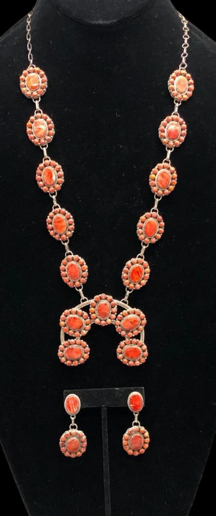 Spiny Oyster Squash Blossom Style Necklace With Earrings - S. James: Offered here for your consideration is a spiny oyster squash blossom style necklace with earrings which features a two wire naja highlighted with oval and snake eye/dot spiny oyster cabochons set in s