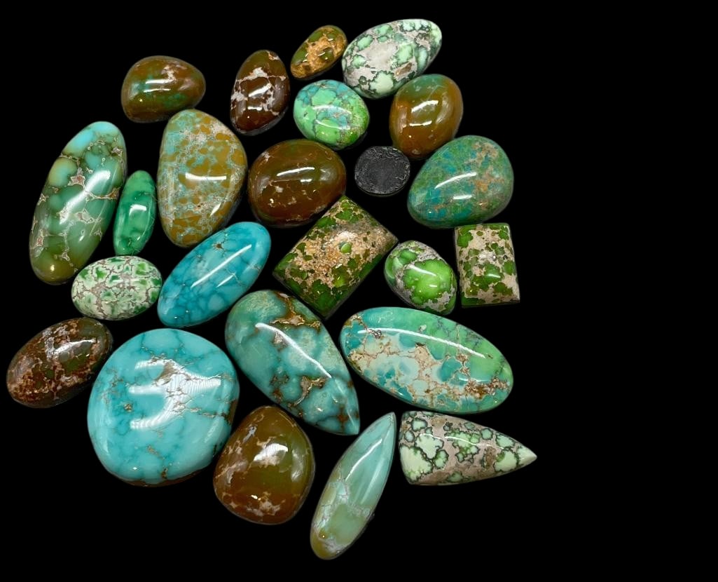196 Carats Of Carico Lake Turquoise Cabochons: Offered here for your consideration are approximately 196 carats of fine Carico Lake turquoise cabochons. The color ranges from sky blue to green with brown. Some of them have great matrix. This group