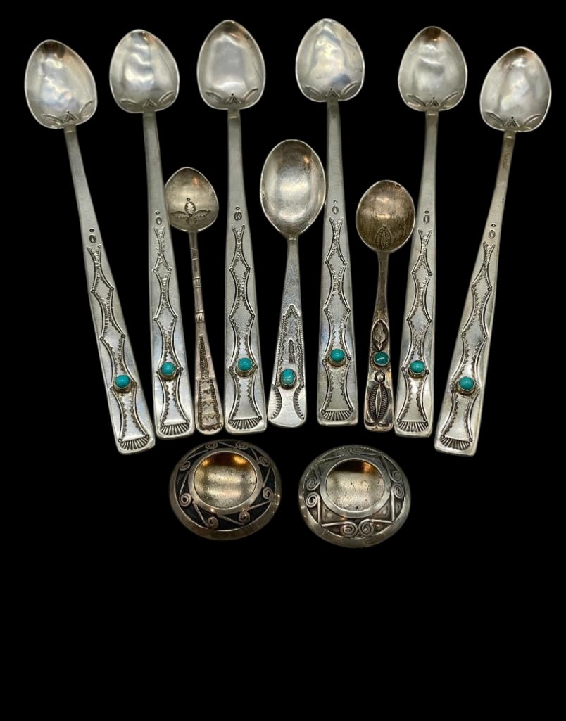 Group Of Sterling Silver And Turquoise Spoons With Two Salt Cellars: Offered here for your consideration are a group of sterling silver and turquoise spoons with two salt cellars. This group includes six hand crafted long tea spoons, 3 small infant size spoons and two