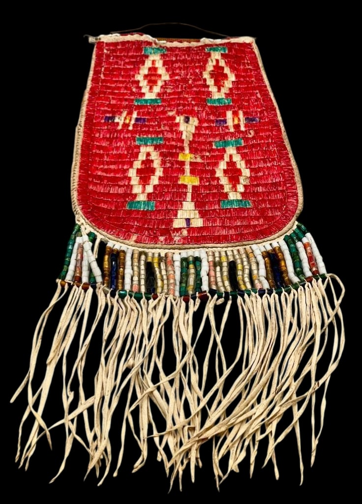 Double Sided Quilled Antique Bag: Offered here for your consideration is an antique, double sided, quilled bag which features red quill work on both sides in geometric designs. The lower edge is accented with multicolored beads and lo