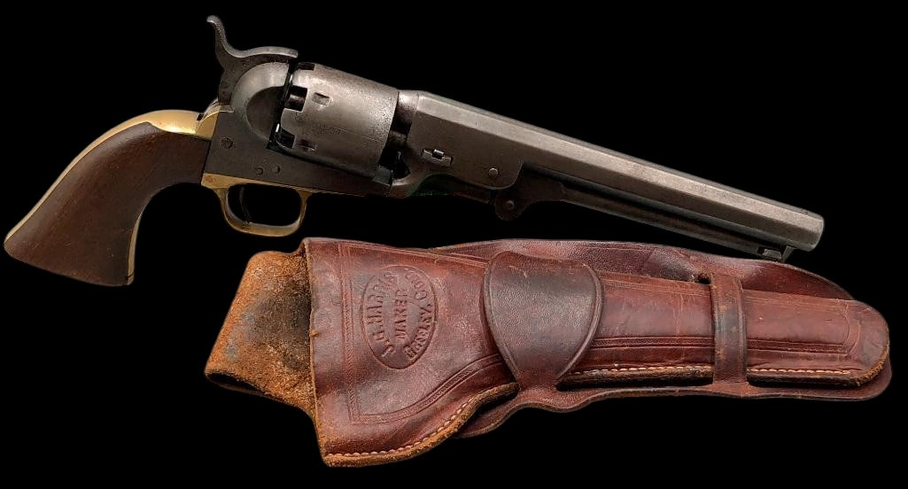 Colt M 1851 Navy Revolver With Holster Circa 1861: For your bidding pleasure is an antique Colt Model 1851 Navy revolver with holster from circa 1861. This percussion revolver features a blued steel barrel, matching serial numbers, brass trigger guard