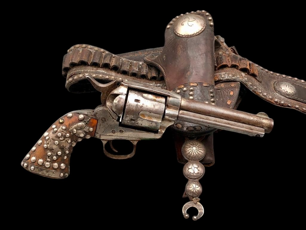 Late 1800s Native American Whirling Log Theme Gun Rig With Mexican Colt Single Action: Offered here for your consideration is a late 1800s Native American Whirling Logs theme gun rig with a Mexican Colt single action revolver. The leather rig and holster showcase silver conchos and silv