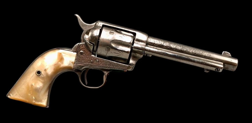 Factory Nickel-Plated and Engraved Colt Single Action Army .45 Caliber With Colt Letter - 1889: Offered here for your consideration is factory nickel-plated and engraved Colt Single Action Army .45 caliber with letter a manufacture dating it to 1889. This revolver features engraved scrollwork, a
