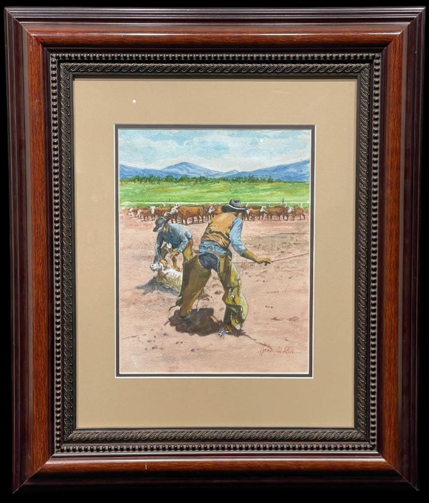 Ready For Branding - An Original Water Color By Hank Richter: Offered here for your consideration is "Ready For Branding" - an original water color by Hank Richter which depicts two cowboys working a branding with cattle, a green field and mountains in t