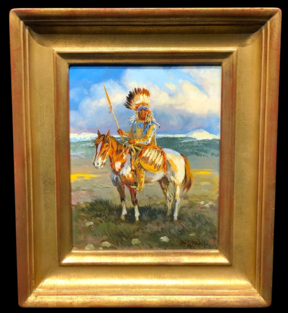 Mountain Chief An Original Oil Painting by Dave Powell: Offered here for your consideration is "Mountain Chief" an original oil painting by Dave Powell. This piece depicts a mounted Native American Chief holding a spear on a grassy field with mount