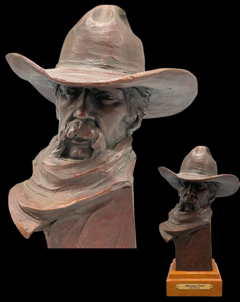 Montana Peak - A Bronze Sculpture By Ken Ottinger 1982: Offered here for your consideration is "Montana Peak" a bronze sculpture by Ken Ottinger from 1982. This piece features a cowboy bust wearing a high crown wide brim hat and a scarf. He has a t