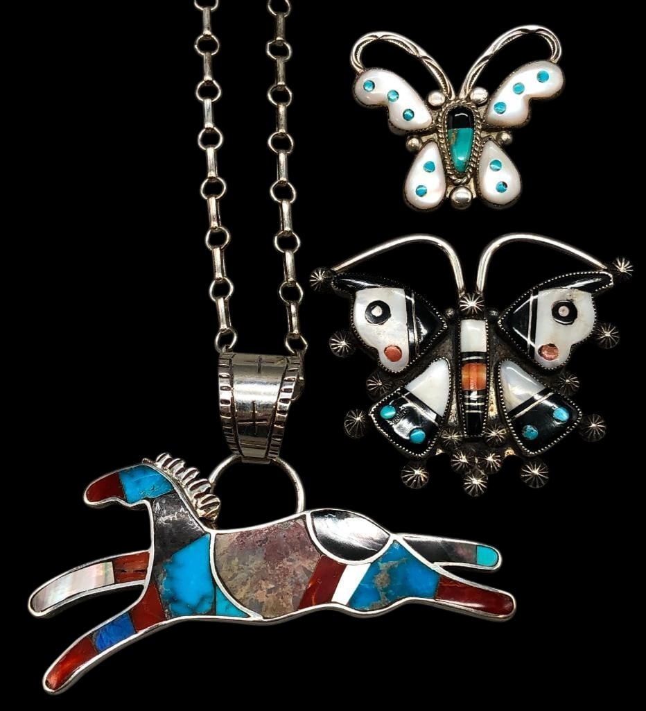 Two Butterfly Pins And One Horse Theme Pendant: Offered here for your consideration is two butterfly pins and one horse theme pendant. Each piece features a multi stone inlay set in silver accented with a variety of silver work including dots, twis