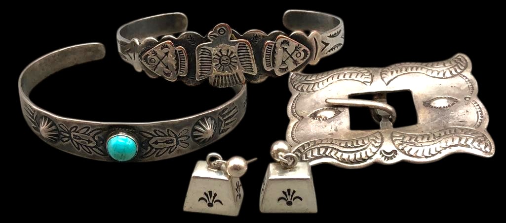 Fred Harvey Era Sterling Silver Bracelets, Buckle And Earrings (1 of 10)