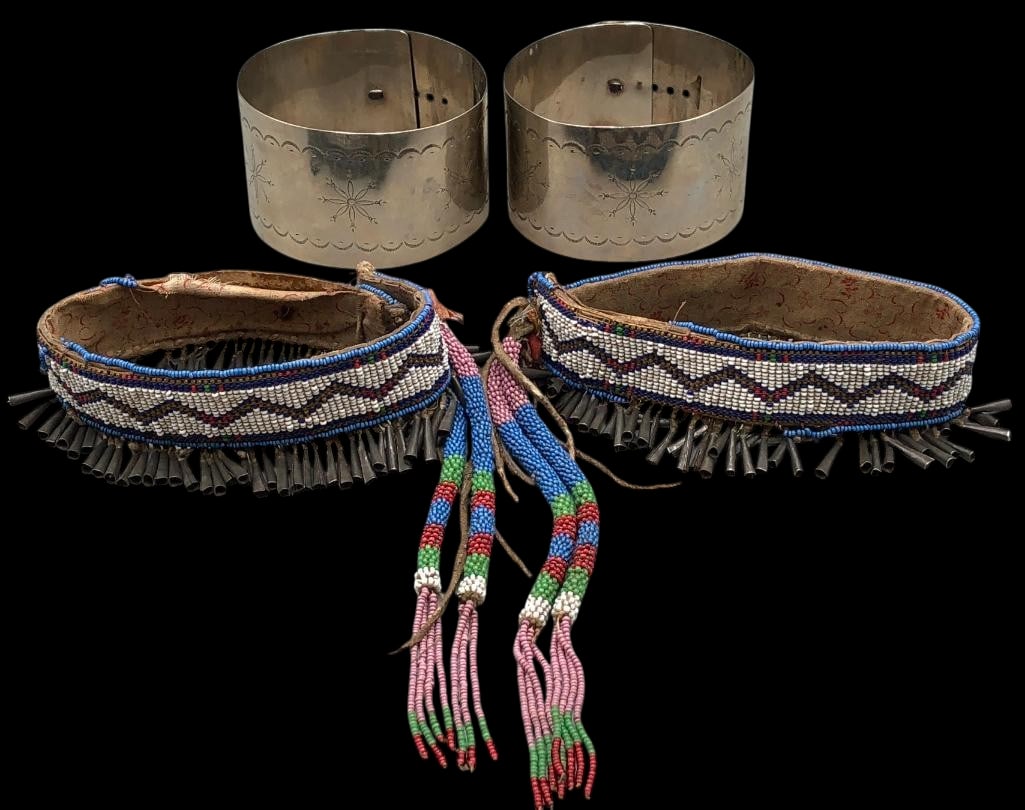 Two Pair of Vintage Arm Bands: Offered here for your consideration are two pair of vintage arm bands. The first set is made from silver (not tested) and has a six hole adjustment. This piece is accented with stamped designs on the 