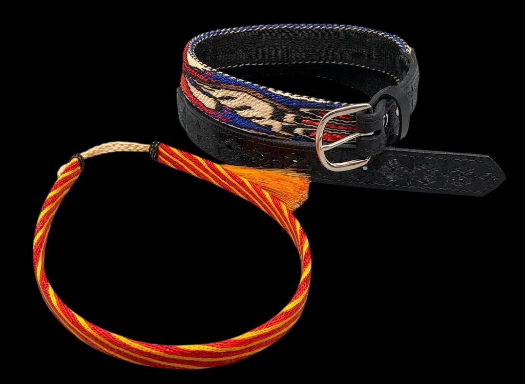 Deer Lodge Hitched Horsehair Belt and Hatband: Offered here for your consideration is a Deer Lodge hitched horsehair belt and hatband. Both feature braided horsehair in red, yellow and blue tones in decorative patterns. The hatband has tassels whi