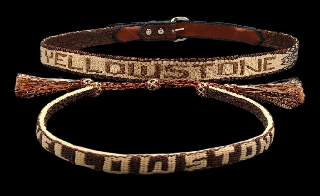 Yellowstone Themed Hitched Horsehair Belt and Hatband - Prison Made: Offered here for your consideration is a Deer Lodge Prison hitched horsehair belt and hatband with the Yellowstone theme on them. Both feature hitched designs in shades of cream, brown and black with 
