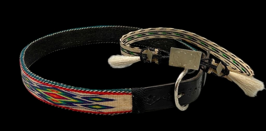 Prison Made Hitched Horsehair Belt And Hatband: Offered here for your consideration is a prison made hitched horsehair belt and hatband. Both feature geometric hitched horsehair designs in shades of green, red, yellow and others. The belt has black