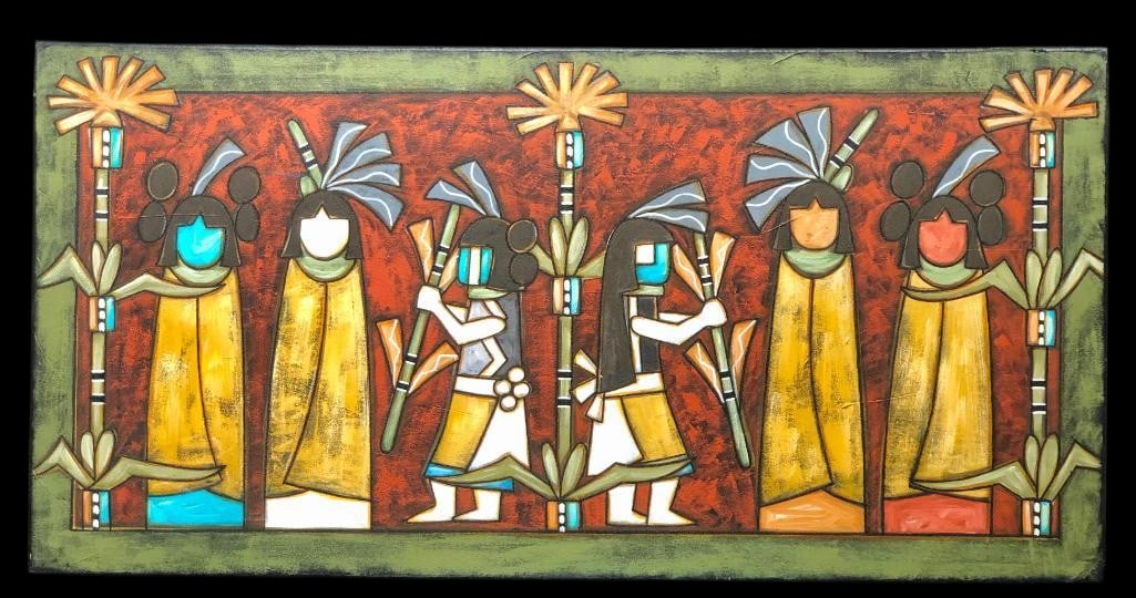 Large Original Painting On Canvas By Kevin Horace Quannie - Hopi Prayer For Rain: Offered for your purchase here is "Hopi Prayer For Rain" a large original oil painting on canvas by Kevin Horace Quannie. This canvas depicts six colorful figures prepared for a rain dance. It