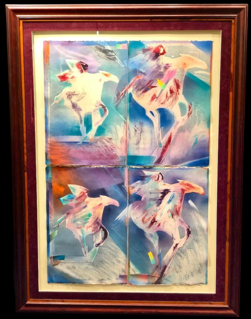 Veloy Vigil (1931-1997) Original Watercolor: Offered for your purchase here is a Veloy Vigil original watercolor. This piece consists of four sections of paper featuring colorful watercolor depictions of a figure on horseback. The works are pres