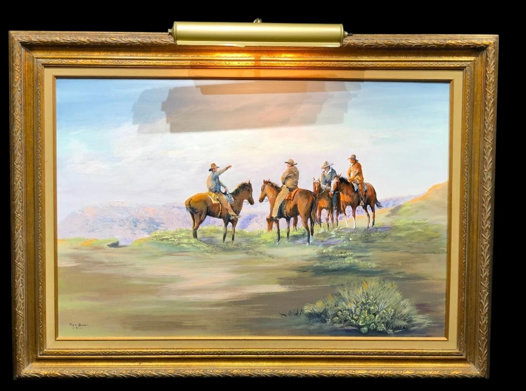 Original Western Oil Painting On Canvas By Max Shuler: Offered for your purchase here is an original Western oil painting on canvas by Max Shuler. This painting depicts four cowboys on horseback on a prairie setting. This piece is set in a nice textured f