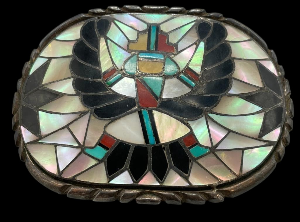 Multi Stone Inlay And Sterling Silver Belt Buckle By Ralph And Lillie Kallestewa: Offered here for your consideration is a multi stone inlay and sterling silver belt buckle by Ralph and Lillie Kallestewa. This piece features a multi stone inlay showcasing a Knifewing design. The st