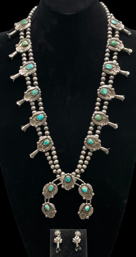 Sterling Silver And Turquoise Squash Blossom Necklace with Earrings (1 of 19)