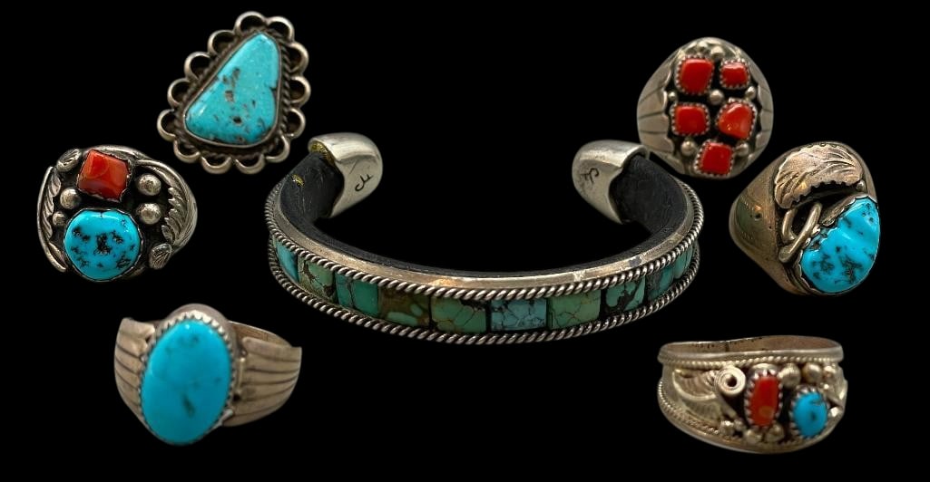 Six Sterling Silver Rings and Turquoise Bracelet (1 of 12)